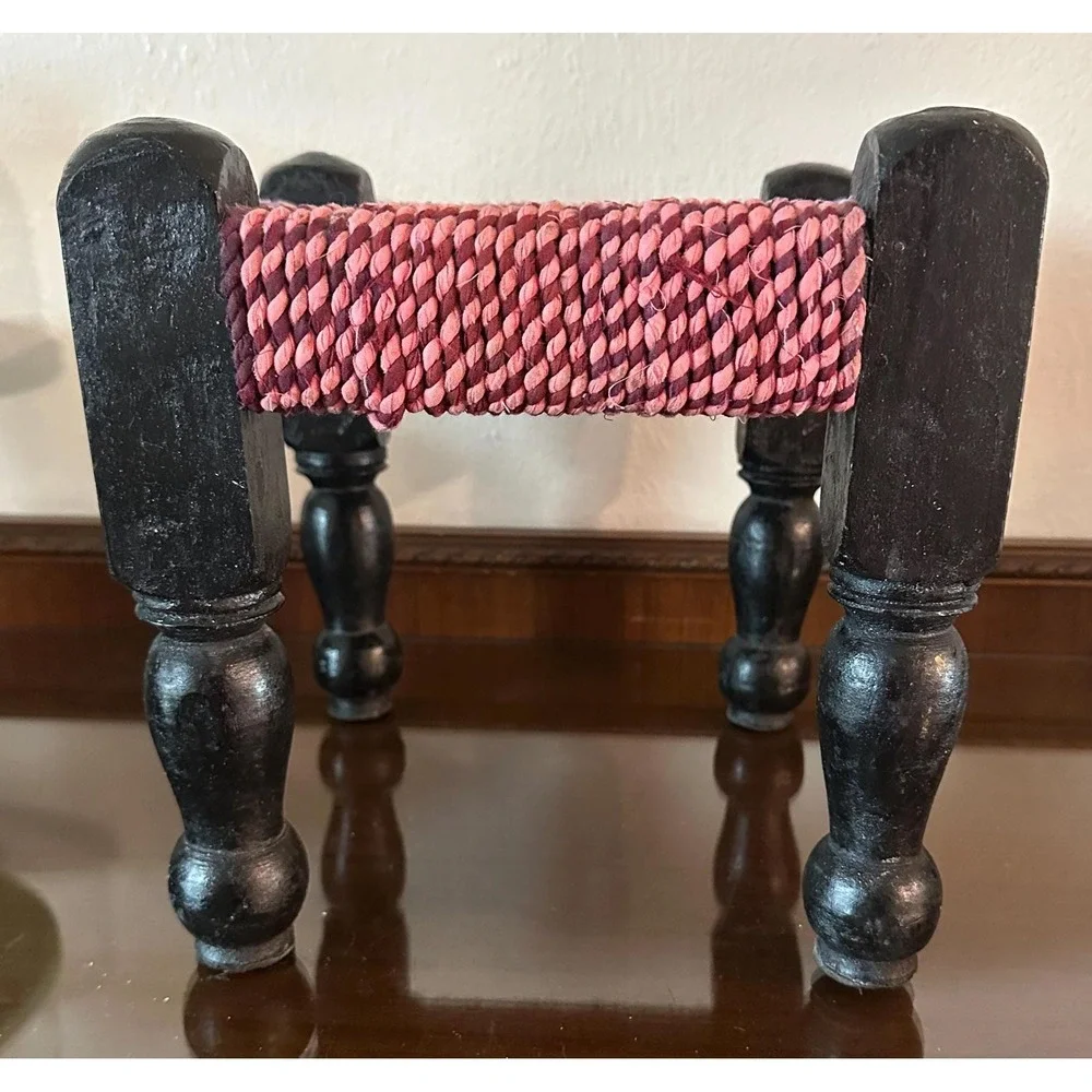 Vintage Pink and Purple Hand Woven Small Low Seat Stool